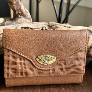 Vintage Rolfs brown leather wallet floral metal clasp & kiss lock change pouch